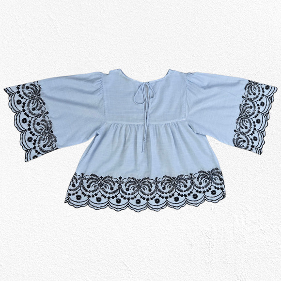 Zara Basic Blue Black Striped Embroidered Bell Sleeve Cotton Top Blouse Size XS - Picture 11 of 11